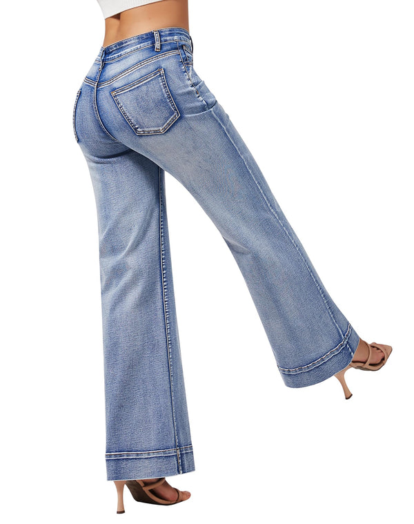 Women's Wide Leg Jeans Casual High Waisted Stretchy Baggy Loose Long Trouser Jeans