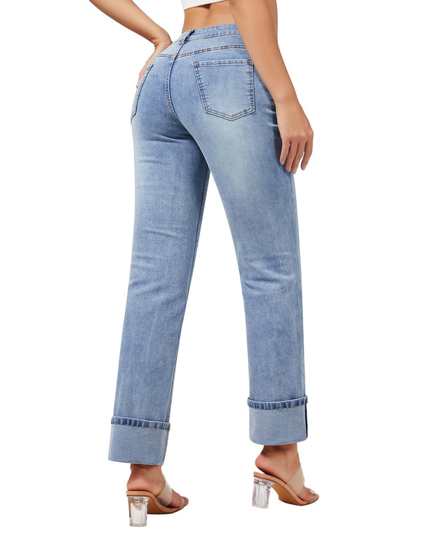 Women’s Straight Leg Jeans High Waisted Boyfriend Stretchy Cuffed Denim Pants