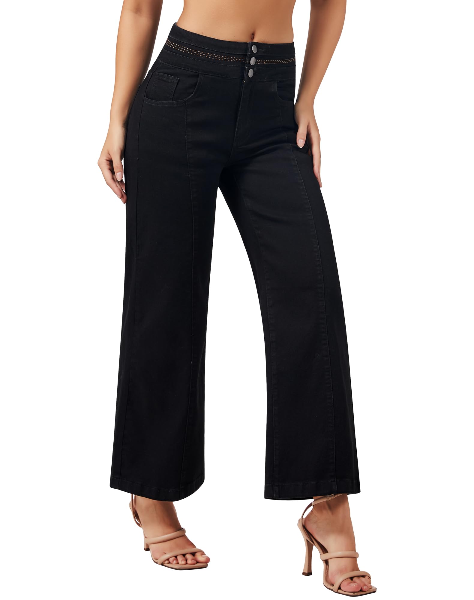 Women's Wide Leg Cropped Jeans High Waisted Ankle Trouser Jeans Boyfriend Stretchy Front Seam Denim Pants