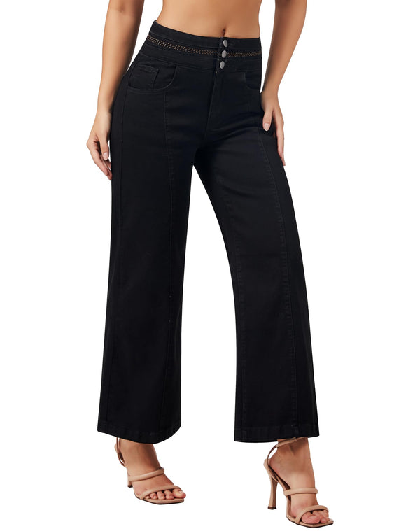 Women's Wide Leg Cropped Jeans High Waisted Ankle Trouser Jeans Boyfriend Stretchy Front Seam Denim Pants