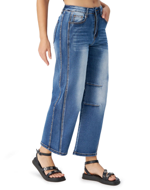Women's Barrel Jeans High Waisted Stretchy Wide Leg Cropped Boyfriend Denim Jeans