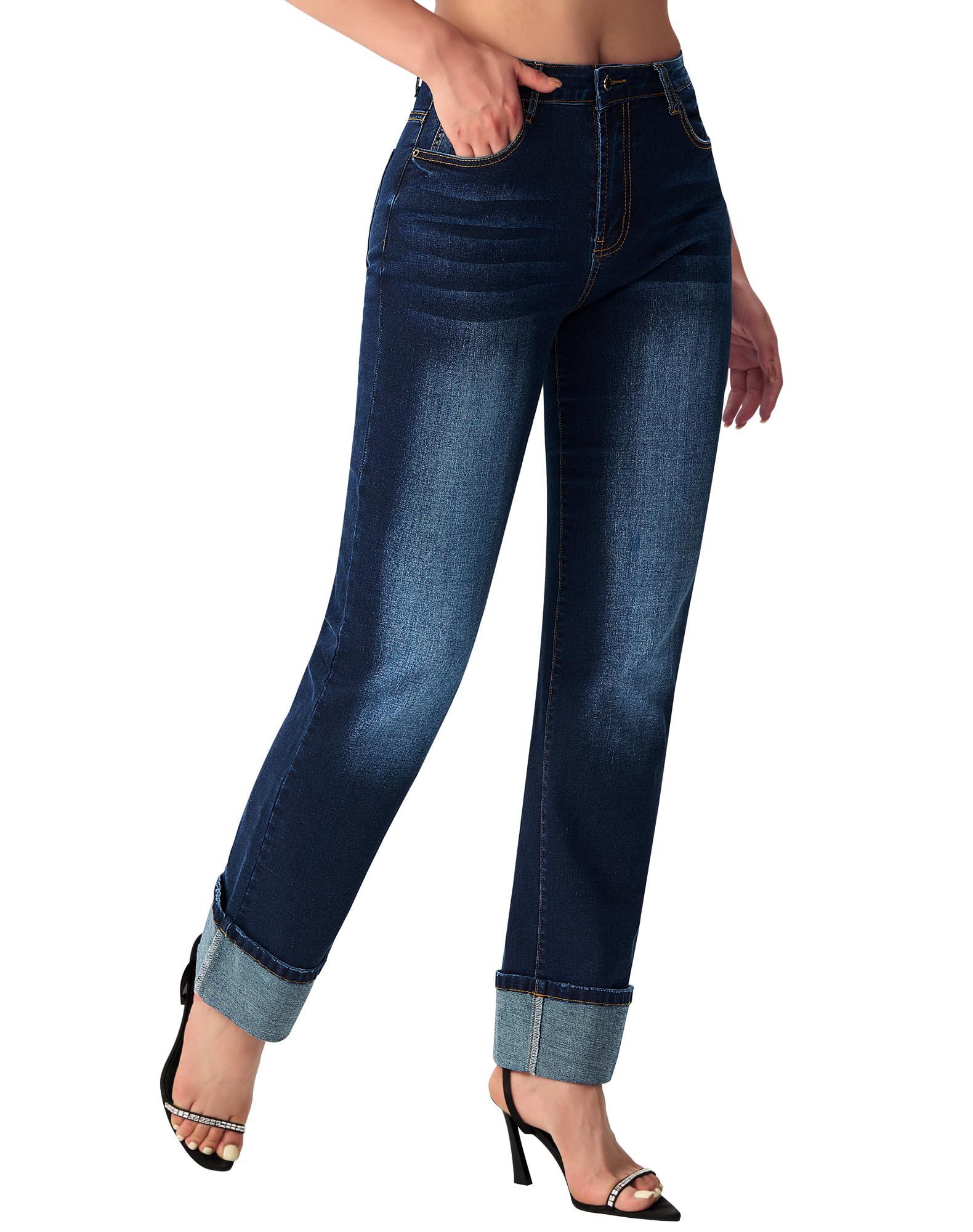 Women’s Straight Leg Jeans High Waisted Boyfriend Stretchy Cuffed Denim Pants