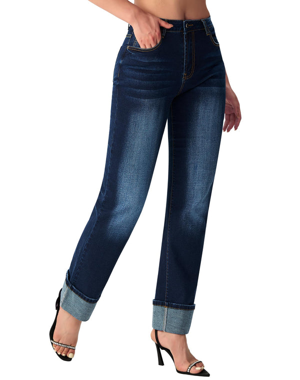 Women’s Straight Leg Jeans High Waisted Boyfriend Stretchy Cuffed Denim Pants