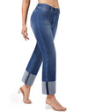 Women's Straight Leg Jeans High Waisted Stretchy Mom Jeans Cuffed Trouser Jeans with Patch Pockets
