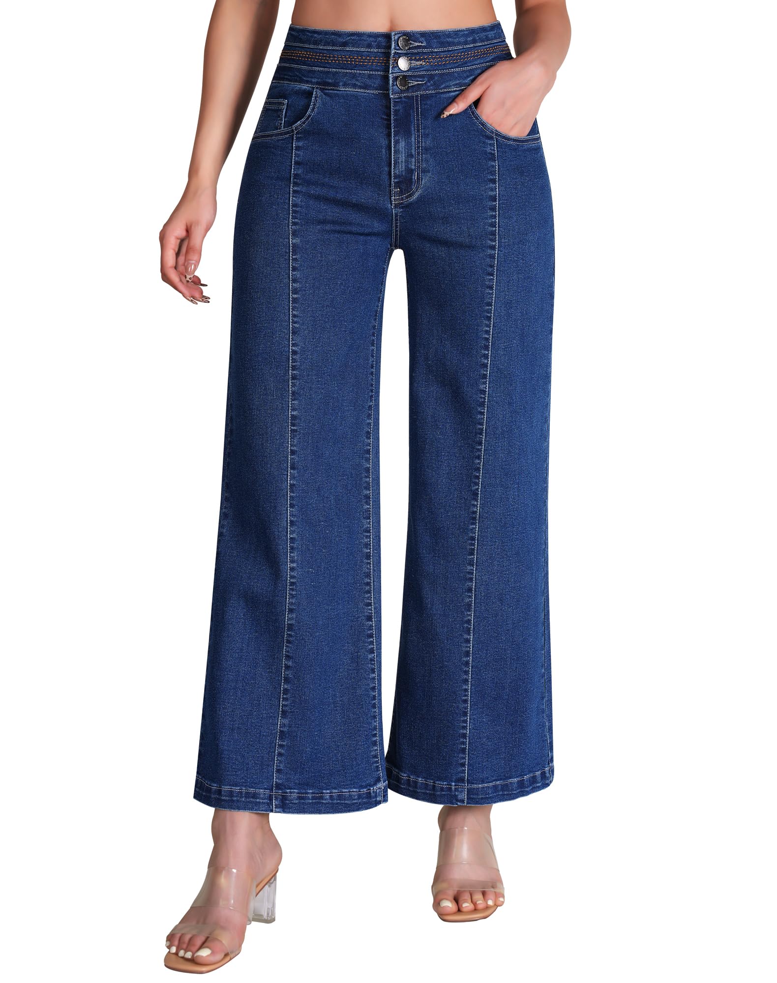 Women's Wide Leg Cropped Jeans High Waisted Ankle Trouser Jeans Boyfriend Stretchy Front Seam Denim Pants