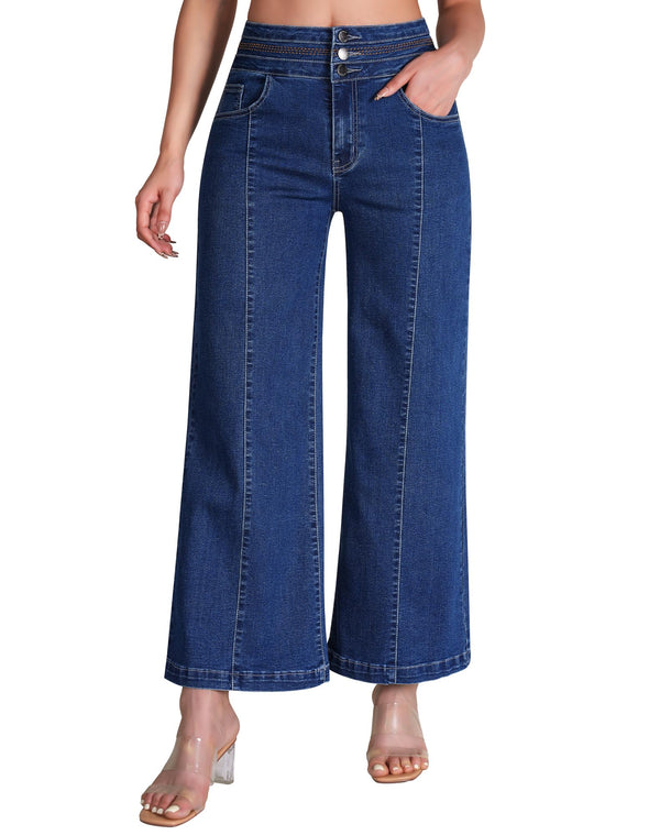 Women's Wide Leg Cropped Jeans High Waisted Ankle Trouser Jeans Boyfriend Stretchy Front Seam Denim Pants