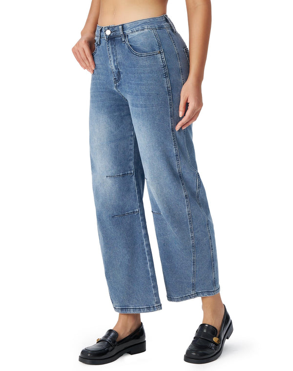 Women's Barrel Jeans High Waisted Stretchy Wide Leg Cropped Boyfriend Denim Jeans