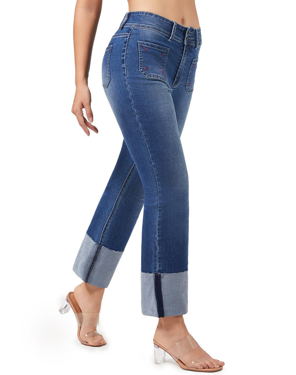 Women's Straight Leg Jeans High Waisted Stretchy Mom Jeans Cuffed Trouser Jeans with Patch Pockets