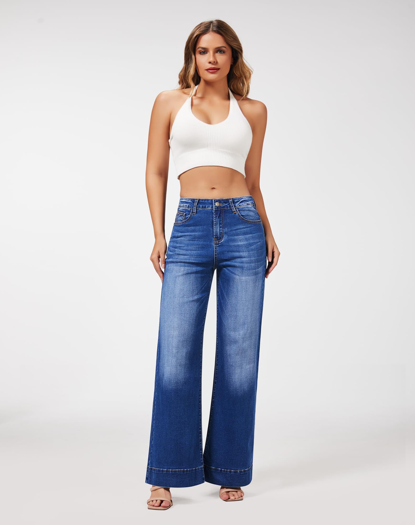 Women's Wide Leg Jeans Casual High Waisted Stretchy Baggy Loose Long Trouser Jeans