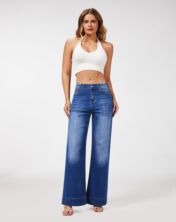 Women's Wide Leg Jeans Casual High Waisted Stretchy Baggy Loose Long Trouser Jeans