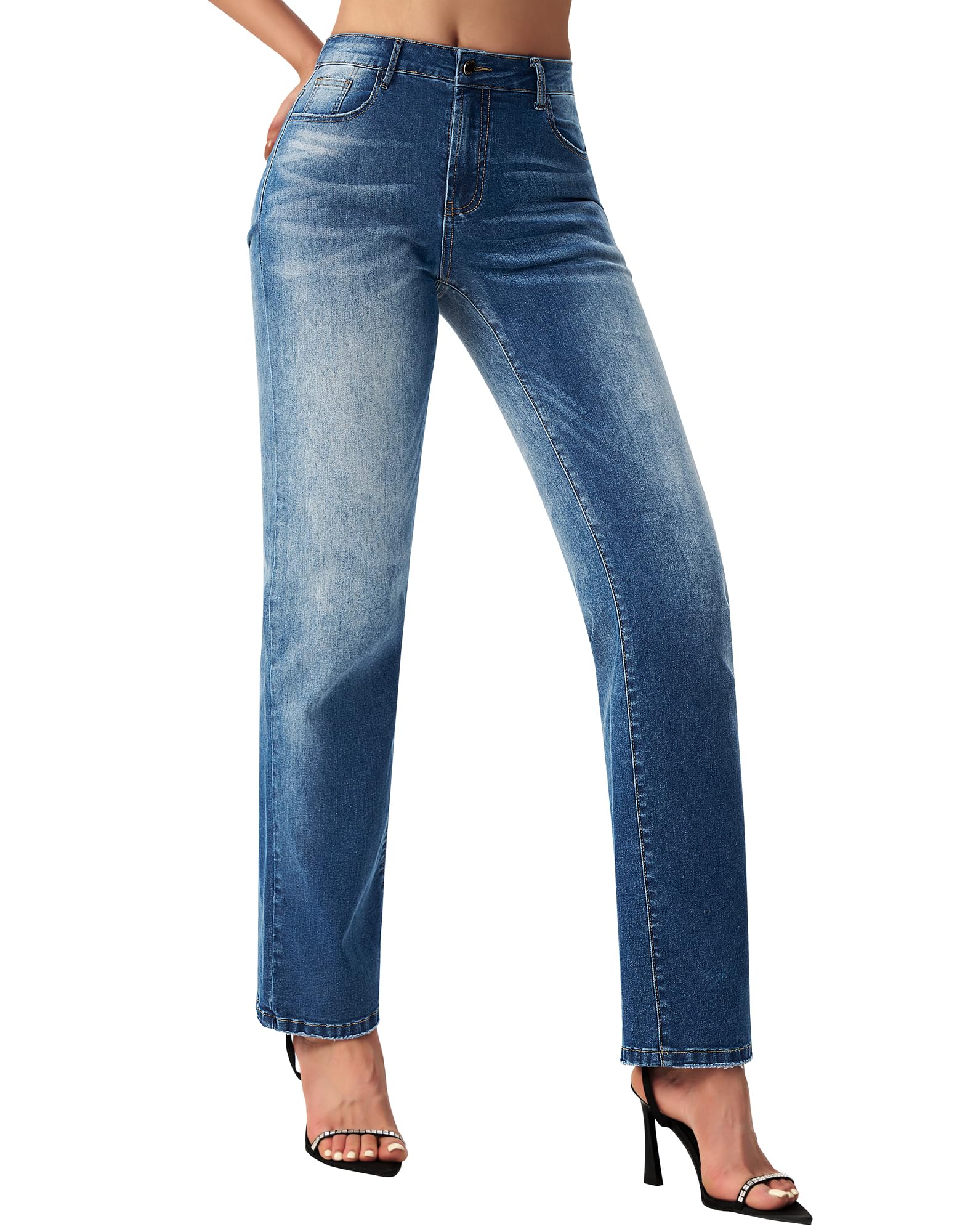 Women's Straight Leg Jeans Casual Mid Rise Stretchy Denim Pants Trendy Trouser Jeans