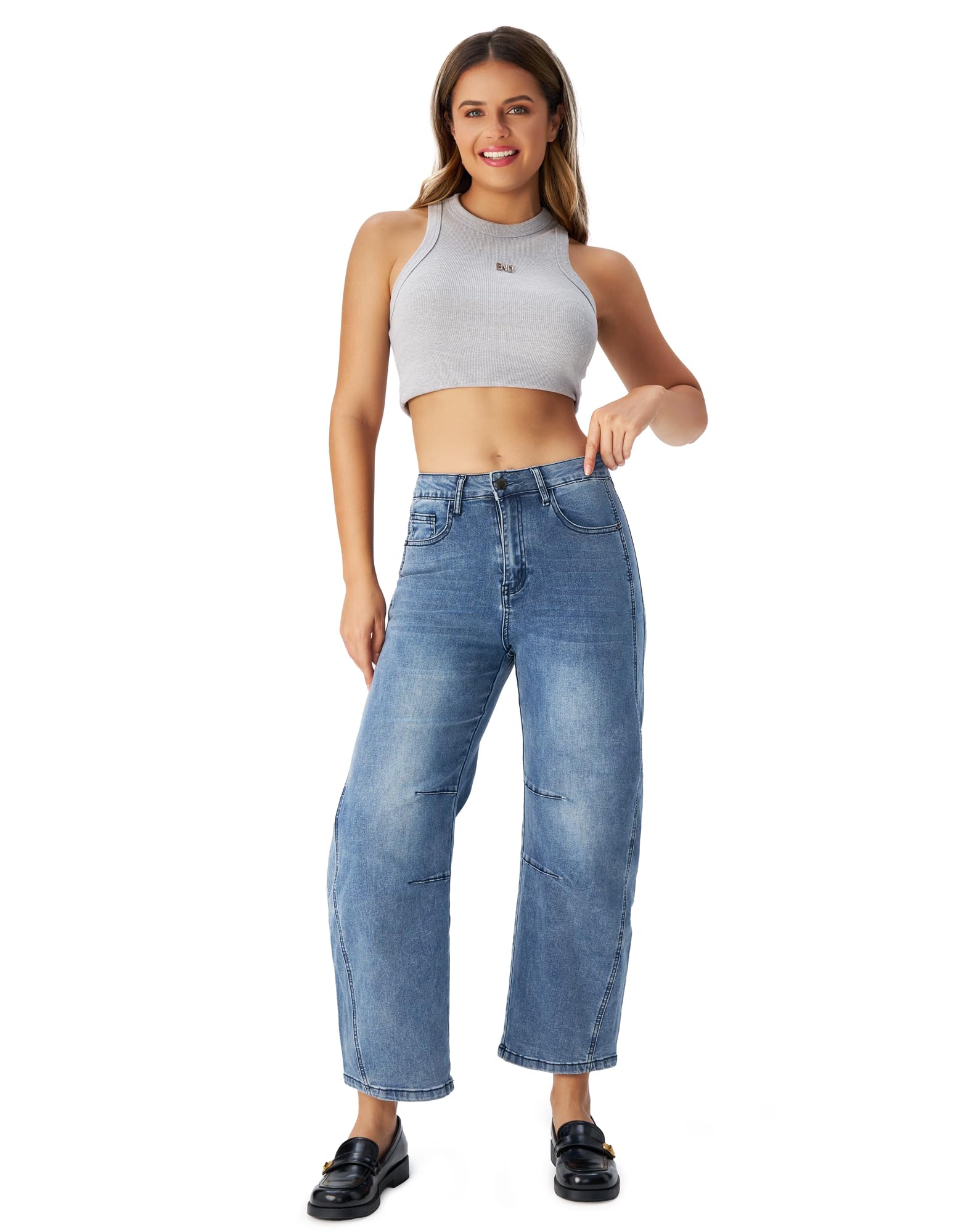 Women's Barrel Jeans High Waisted Stretchy Wide Leg Cropped Boyfriend Denim Jeans