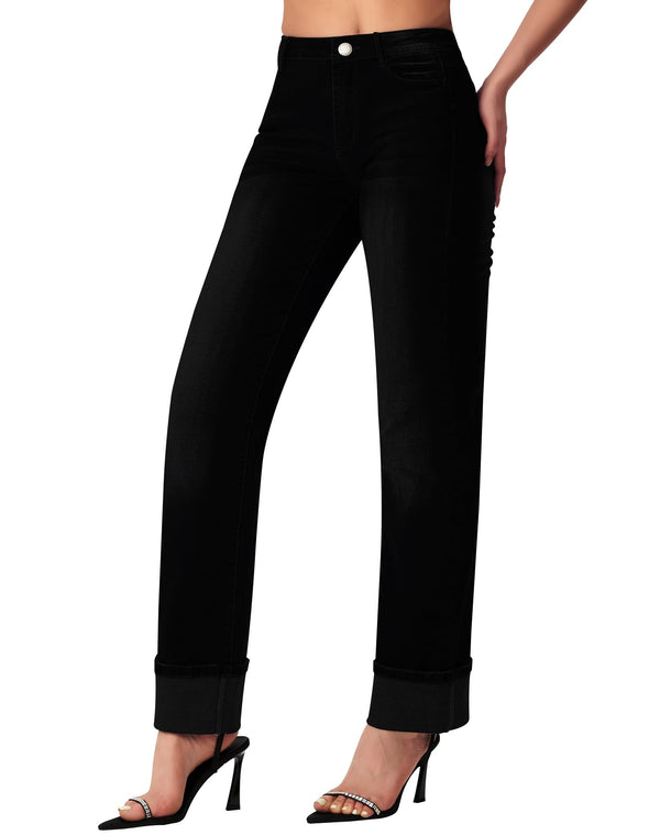 Women’s Straight Leg Jeans High Waisted Boyfriend Stretchy Cuffed Denim Pants