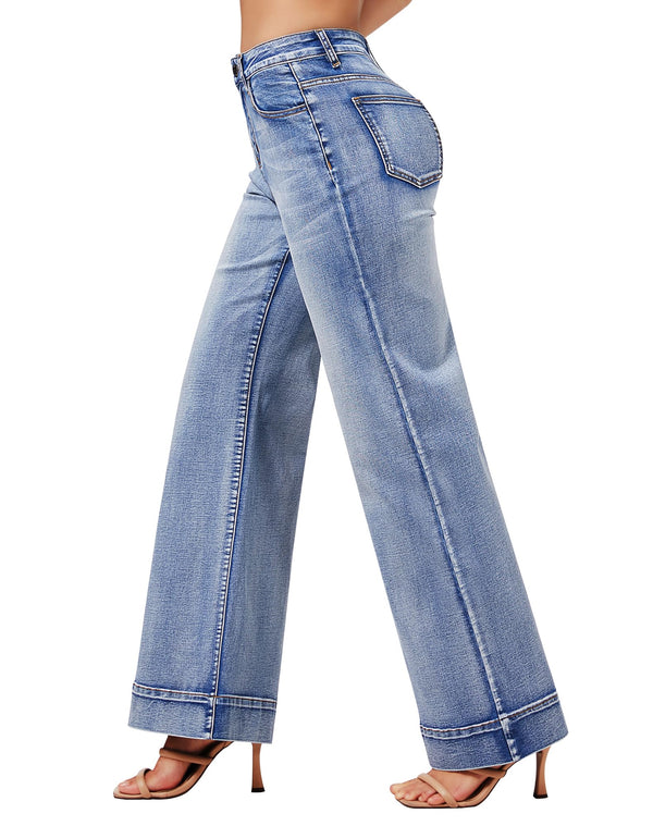 Women's Wide Leg Jeans Casual High Waisted Stretchy Baggy Loose Long Trouser Jeans