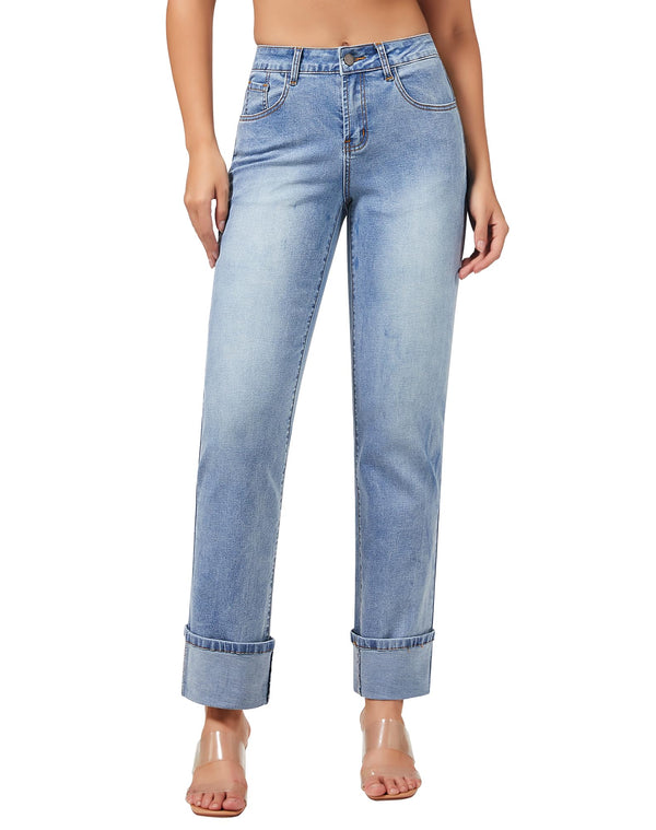 Women’s Straight Leg Jeans High Waisted Boyfriend Stretchy Cuffed Denim Pants