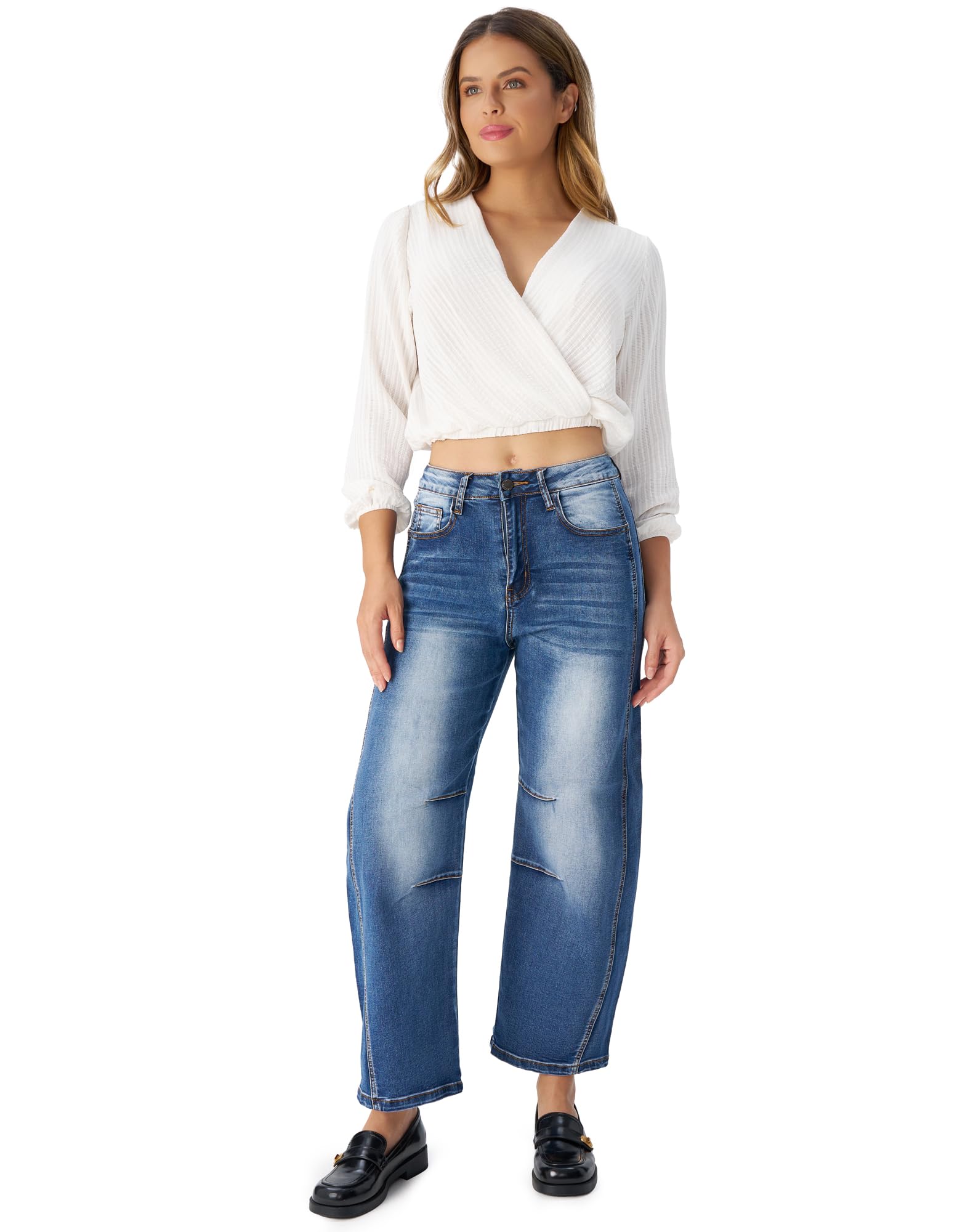 Women's Barrel Jeans High Waisted Stretchy Wide Leg Cropped Boyfriend Denim Jeans