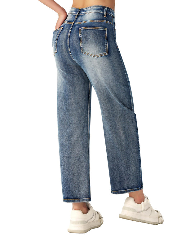 Women's Barrel Jeans High Waisted Wide Leg Cropped Jeans Stretchy Baggy Ankle Denim Pants