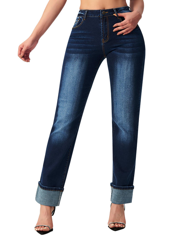Women’s Straight Leg Jeans High Waisted Boyfriend Stretchy Cuffed Denim Pants