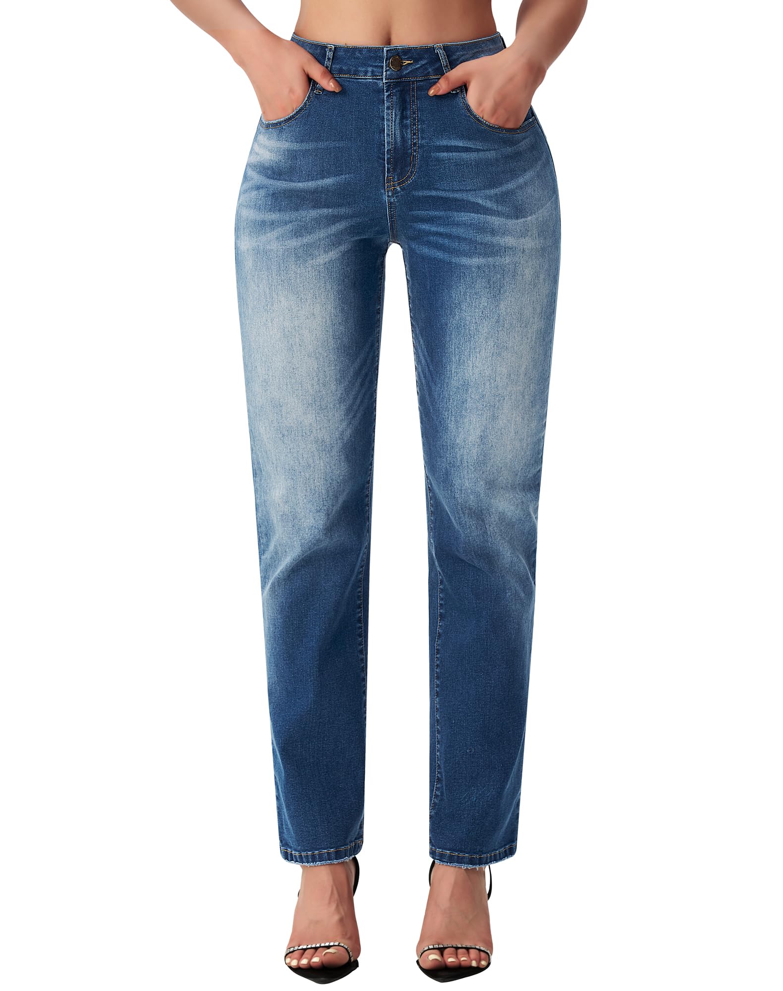 Women's Straight Leg Jeans Casual Mid Rise Stretchy Denim Pants Trendy Trouser Jeans