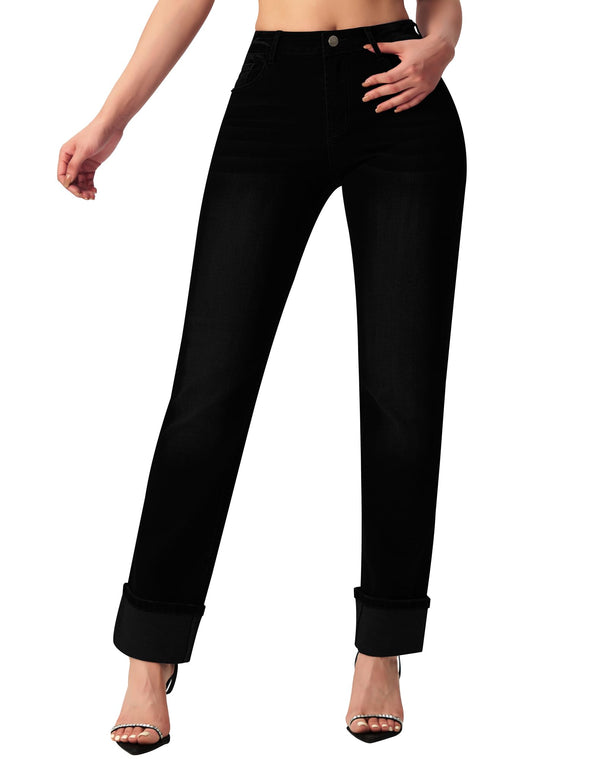 Women’s Straight Leg Jeans High Waisted Boyfriend Stretchy Cuffed Denim Pants