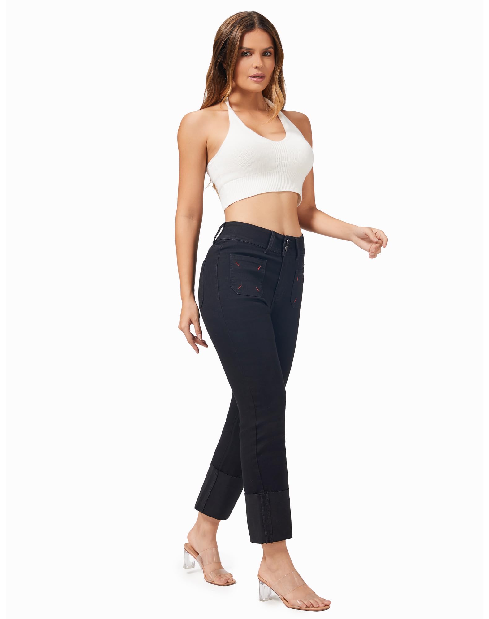 Women's Straight Leg Jeans High Waisted Stretchy Mom Jeans Cuffed Trouser Jeans with Patch Pockets