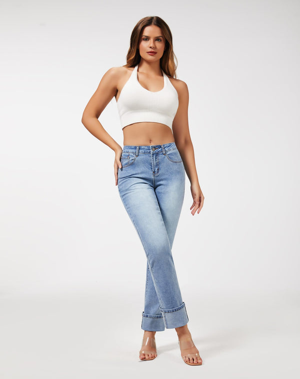 Women’s Straight Leg Jeans High Waisted Boyfriend Stretchy Cuffed Denim Pants