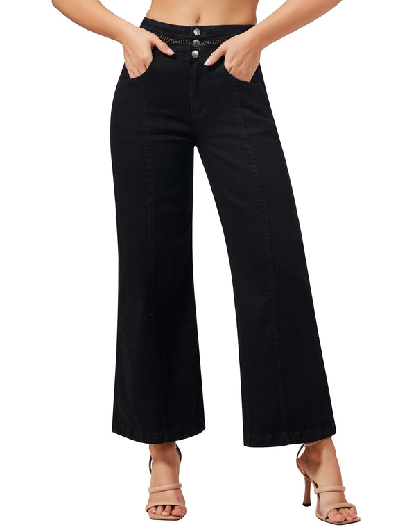 Women's Wide Leg Cropped Jeans High Waisted Ankle Trouser Jeans Boyfriend Stretchy Front Seam Denim Pants
