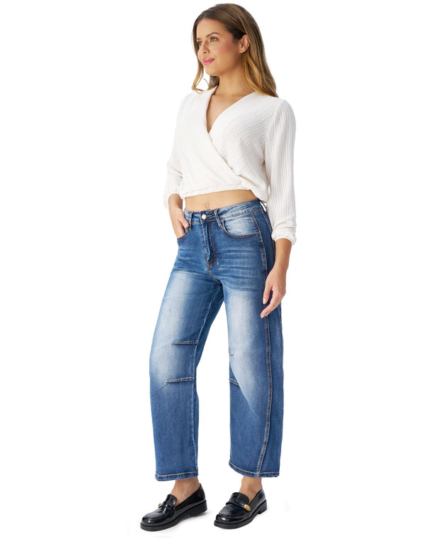 Women's Barrel Jeans High Waisted Stretchy Wide Leg Cropped Boyfriend Denim Jeans