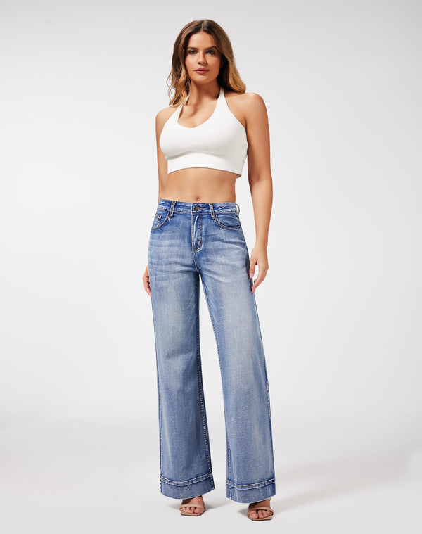 Women's Wide Leg Jeans Casual High Waisted Stretchy Baggy Loose Long Trouser Jeans