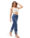 Women's Straight Leg Jeans High Waisted Stretchy Mom Jeans Cuffed Trouser Jeans with Patch Pockets