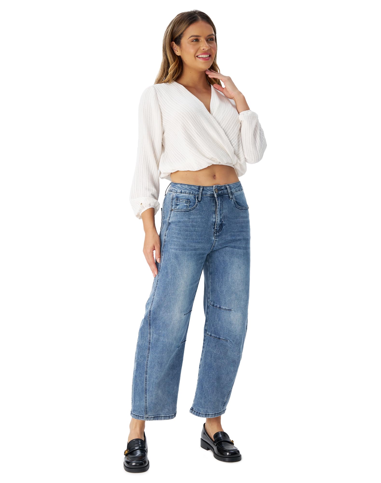 Women's Barrel Jeans High Waisted Stretchy Wide Leg Cropped Boyfriend Denim Jeans