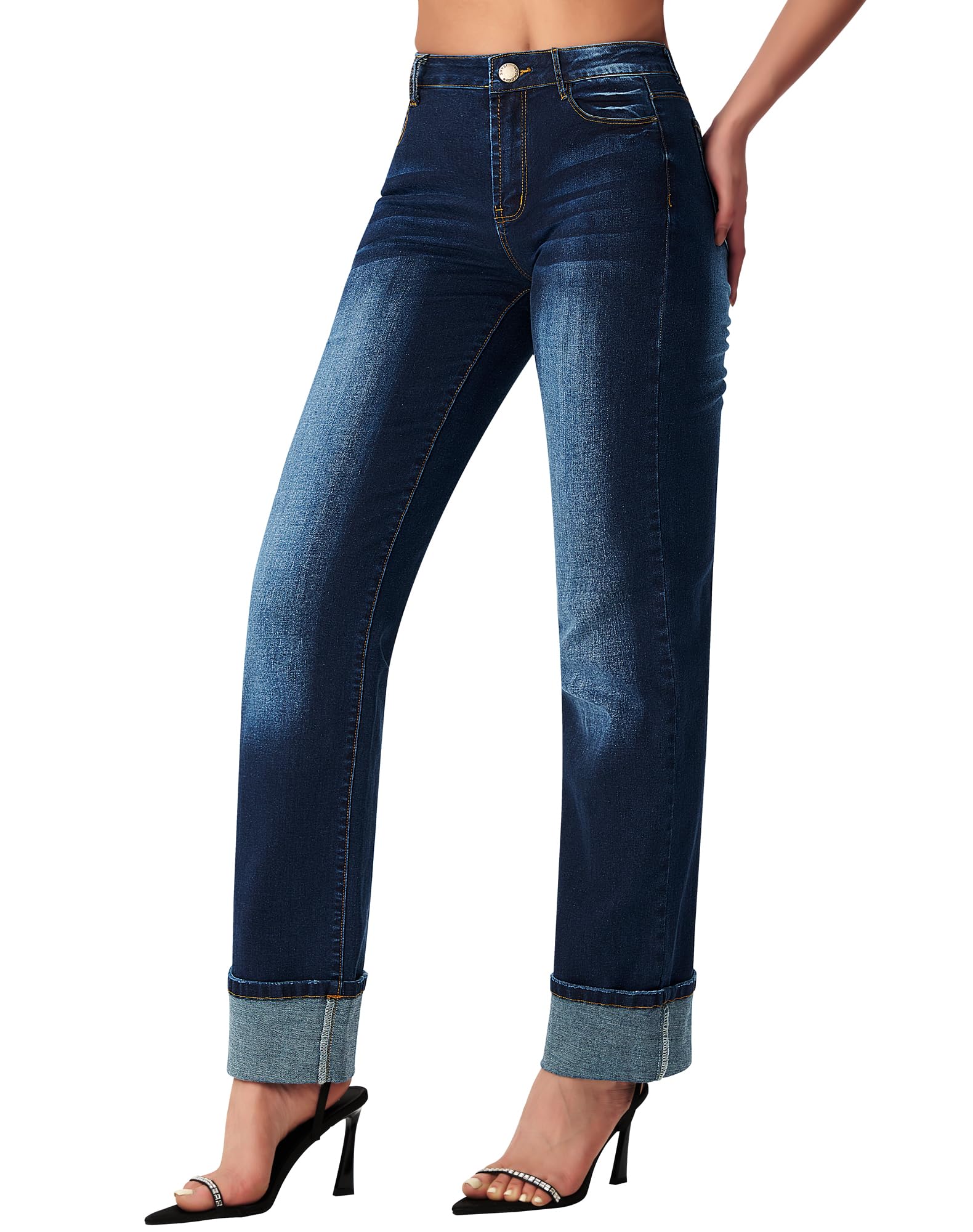 Women’s Straight Leg Jeans High Waisted Boyfriend Stretchy Cuffed Denim Pants