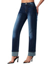 Women’s Straight Leg Jeans High Waisted Boyfriend Stretchy Cuffed Denim Pants