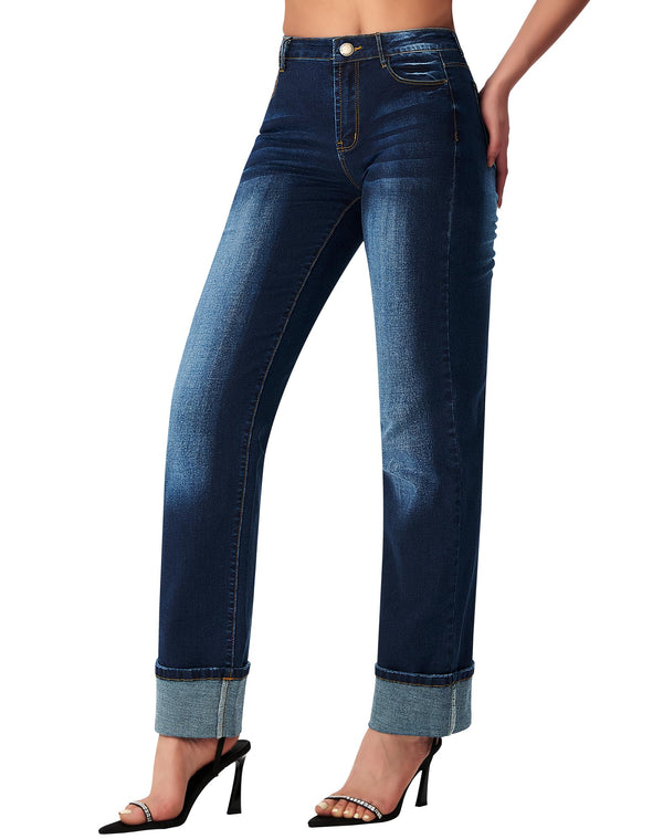 Women’s Straight Leg Jeans High Waisted Boyfriend Stretchy Cuffed Denim Pants