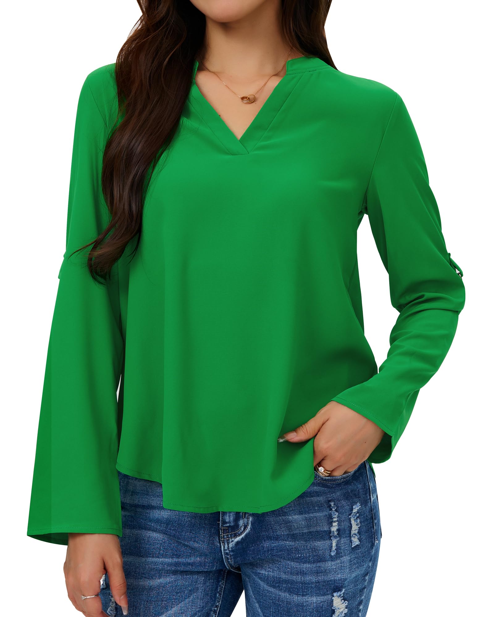 Women's Dressy Casual Chiffon Blouses Long Sleeve Work Shirts 3/4 Length Sleeve V Neck Tops