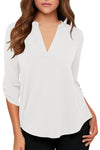 Women's Business Casual V Neck Cuffed Sleeves Work Blouse Top