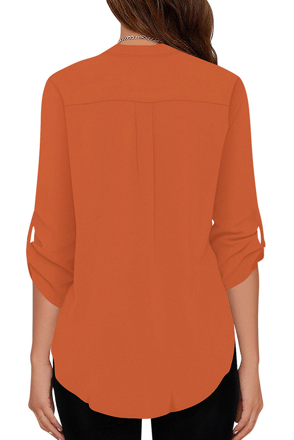 Women's Business Casual V Neck Cuffed Sleeves Work Blouse Top