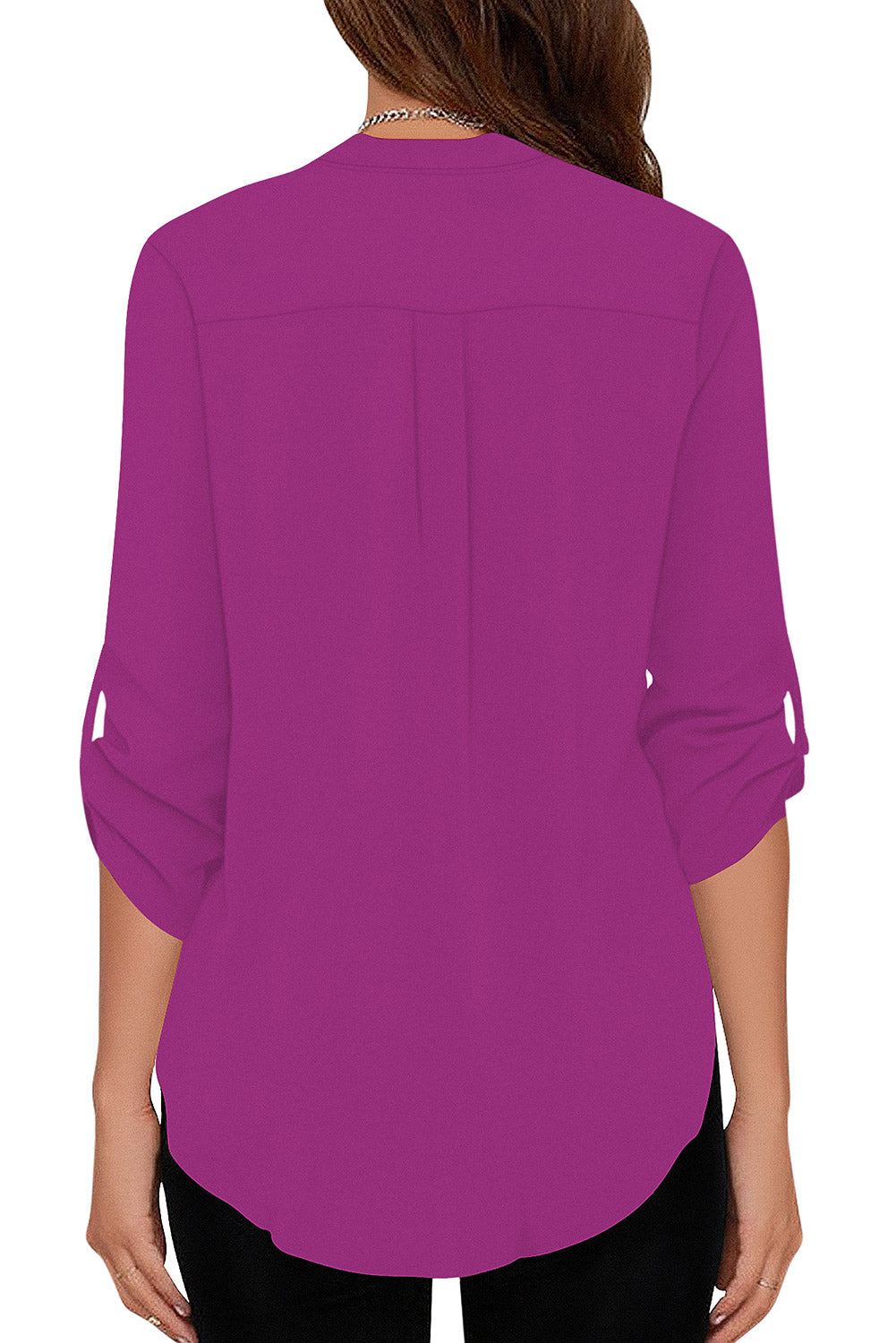 Women's Business Casual V Neck Cuffed Sleeves Work Blouse Top