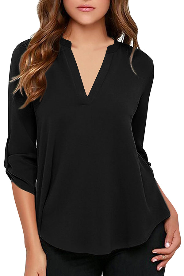 Women's Business Casual V Neck Cuffed Sleeves Work Blouse Top