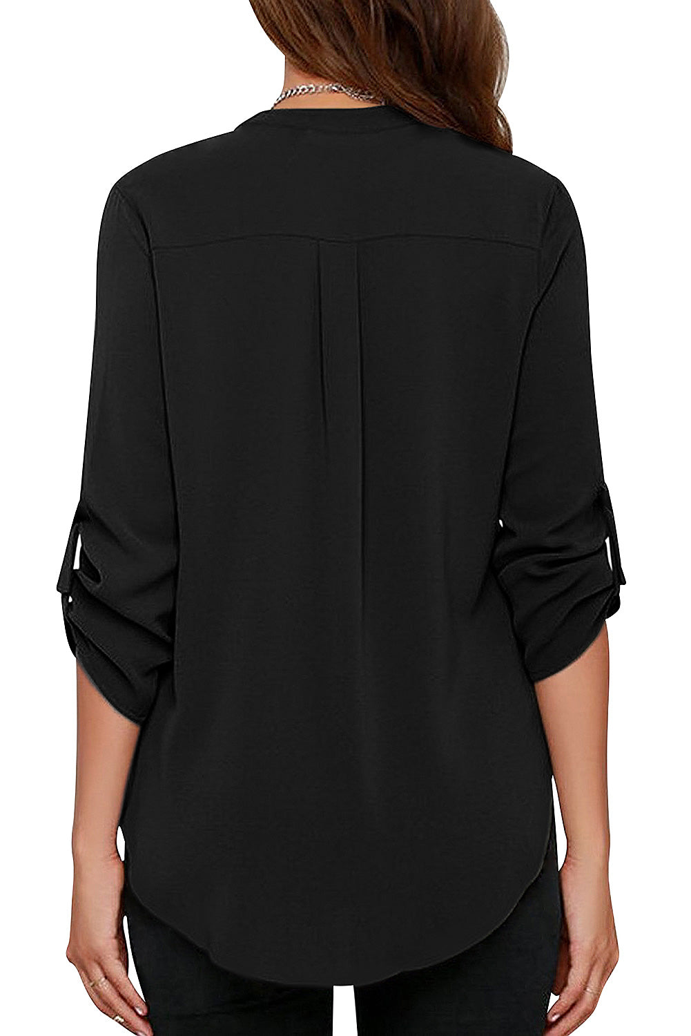 Women's Business Casual V Neck Cuffed Sleeves Work Blouse Top