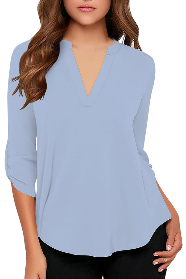 Women's Business Casual V Neck Cuffed Sleeves Work Blouse Top