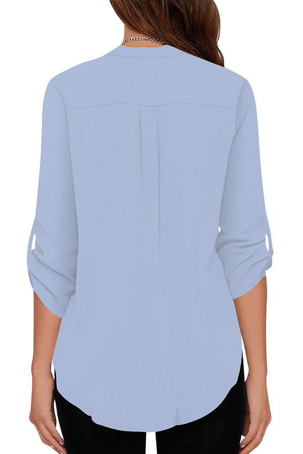 Women's Business Casual V Neck Cuffed Sleeves Work Blouse Top