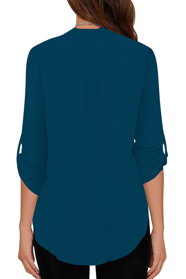 Women's Business Casual V Neck Cuffed Sleeves Work Blouse Top