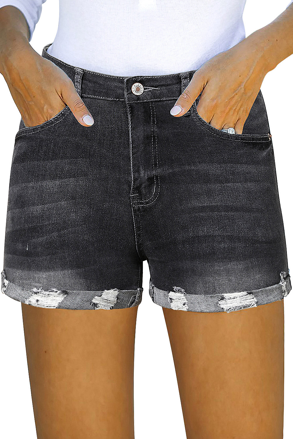 Mid Rise Stretchy Ripped Rolled Cuff Denim Shorts