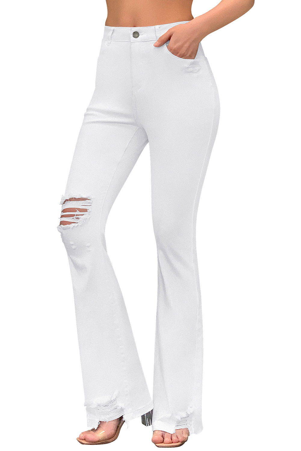 MID RISE DISTRESSED FLARE JEANS#color_white