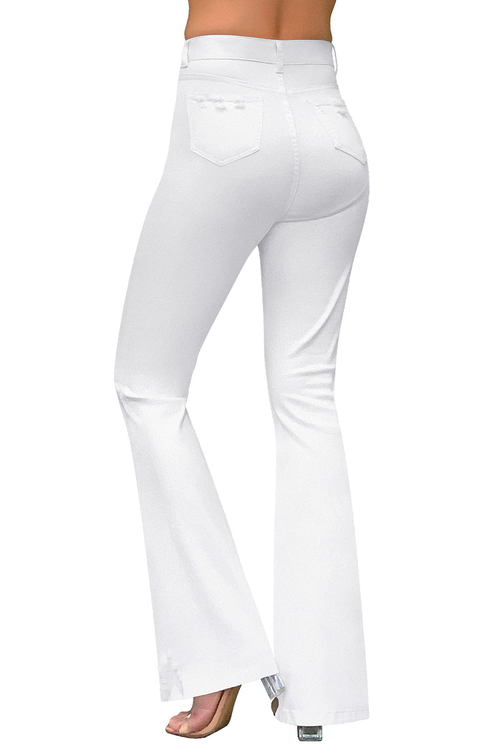 MID RISE DISTRESSED FLARE JEANS#color_white