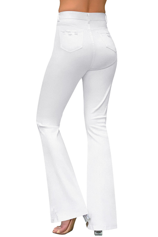 MID RISE DISTRESSED FLARE JEANS#color_white