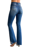 MID RISE DISTRESSED FLARE JEANS#color_blue-wash