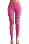 Mid Rise Ripped Ankle Skinny Jeans#color_hot-pink
