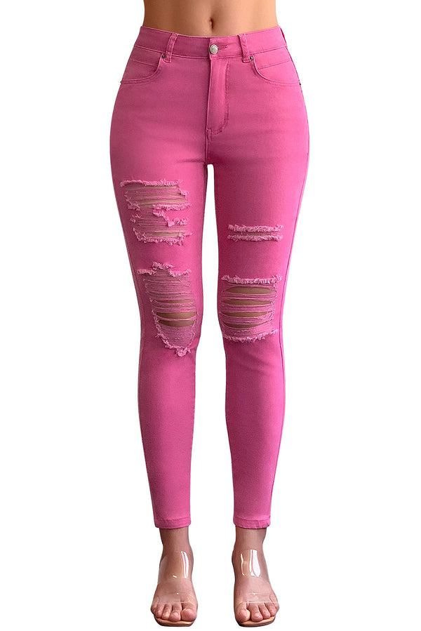Mid Rise Ripped Ankle Skinny Jeans#color_hot-pink
